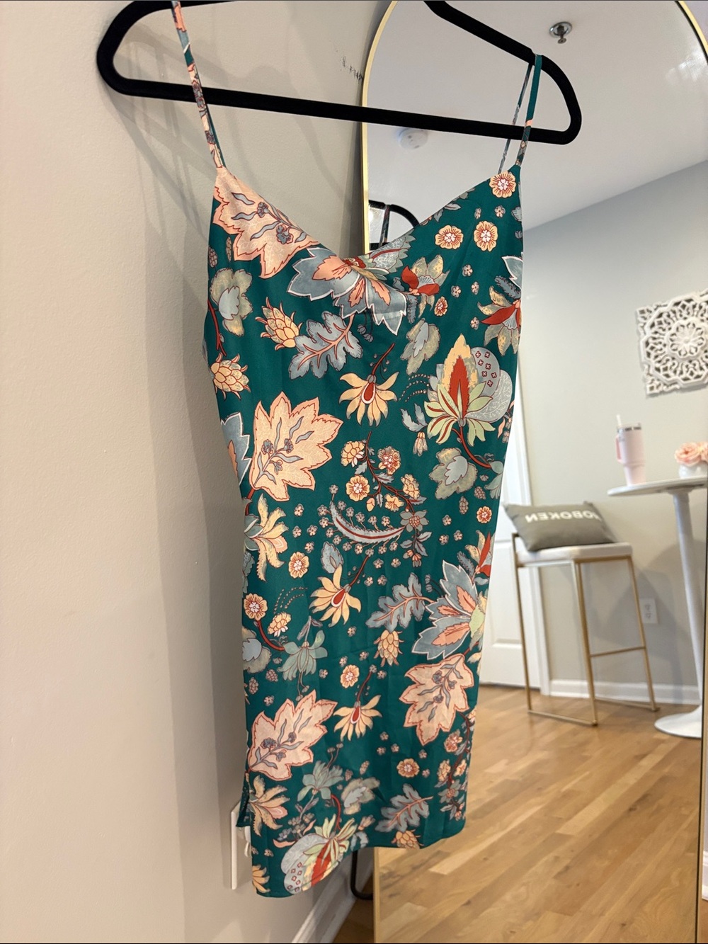 Floral Teal Slip Mini Dress with Spaghetti Straps